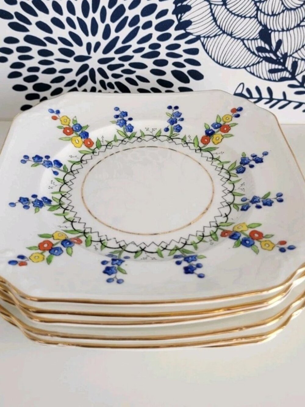 Vintage Foley dessert plates set of 6; Hollyhock pattern red blue yellow